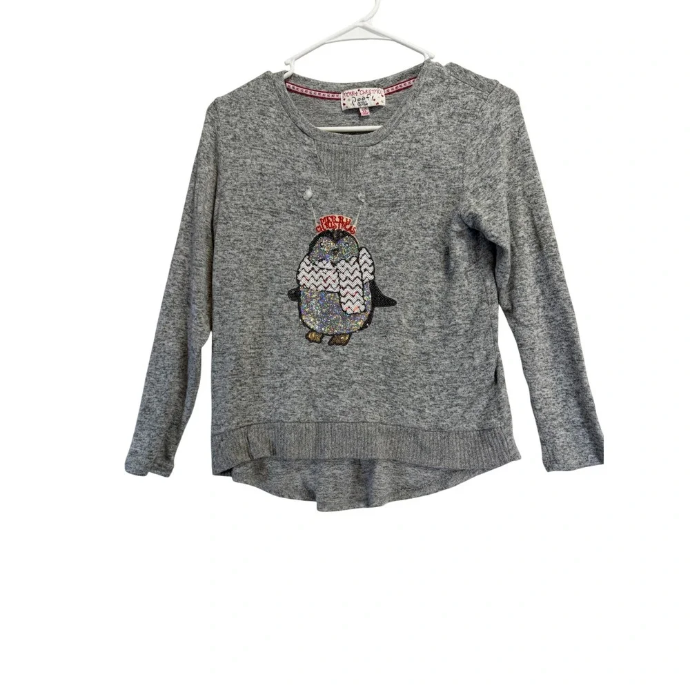 Poof Girl Kids XL Gray Sequin Merry Christmas Penguin High-Low Knit Sweater